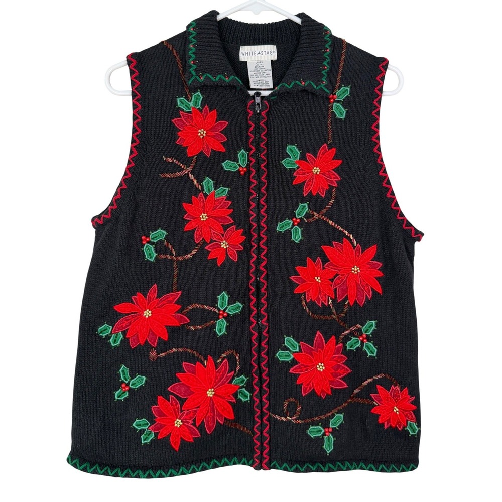 Vintage 90s White Stag Christmas Poinsettia Beaded Embroidered Zip Up Vest Large